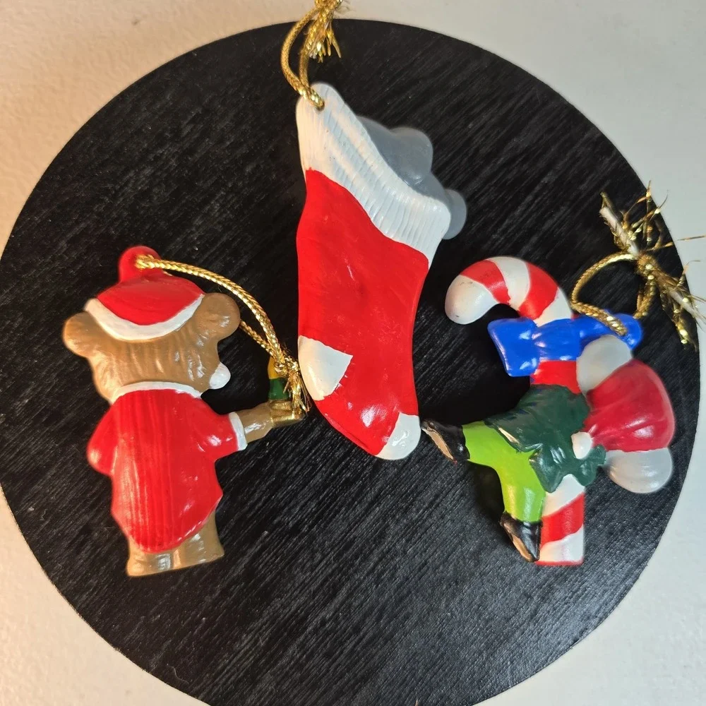 Vtg Ceramic Christmas Ornaments Lot of 3 Bear Santa,Mice in Stocking, Candy Cane